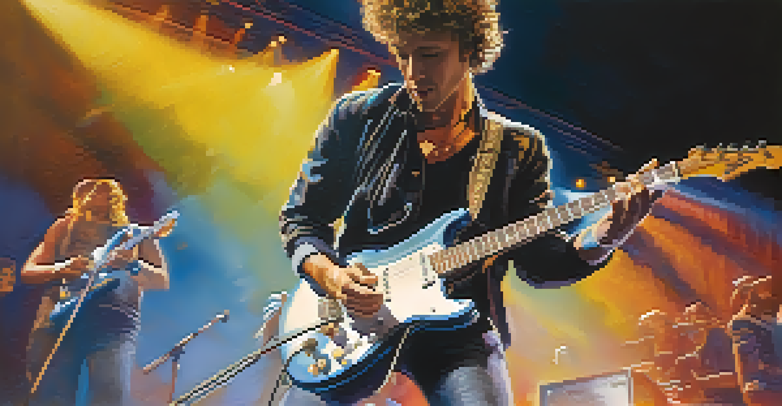 A guitarist playing on stage with colorful lights and an enthusiastic audience in the background.