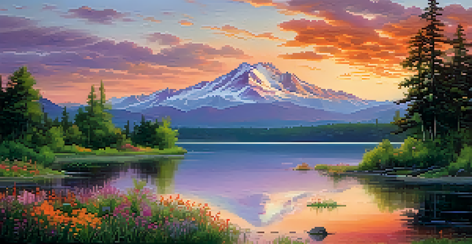 A peaceful lake at sunset with colorful skies, surrounded by trees and wildflowers.