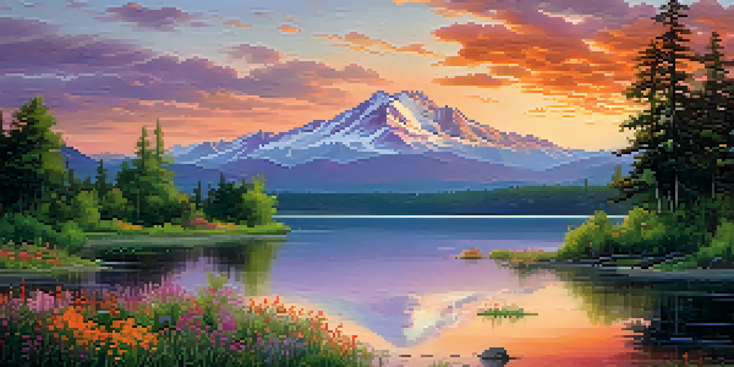 A peaceful lake at sunset with colorful skies, surrounded by trees and wildflowers.