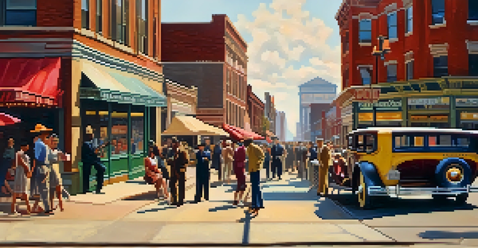 A young Chuck Berry playing guitar on a busy St. Louis sidewalk in the 1920s, with vintage storefronts and a lively crowd around him.