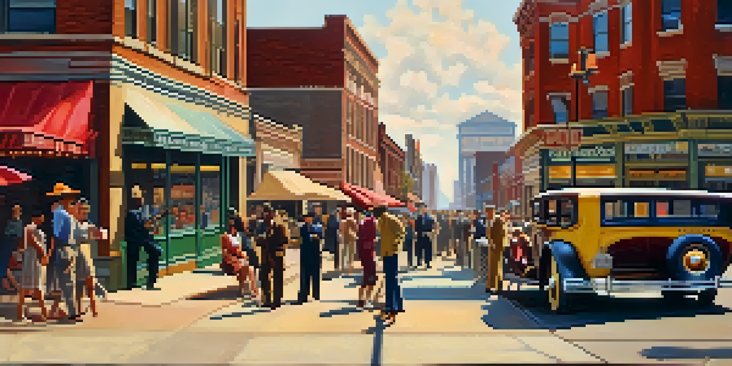 A young Chuck Berry playing guitar on a busy St. Louis sidewalk in the 1920s, with vintage storefronts and a lively crowd around him.