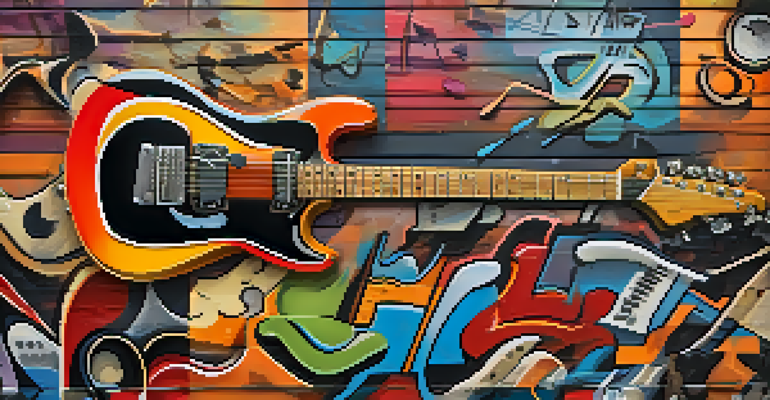 An electric guitar surrounded by graffiti-style elements representing rock and roll culture.