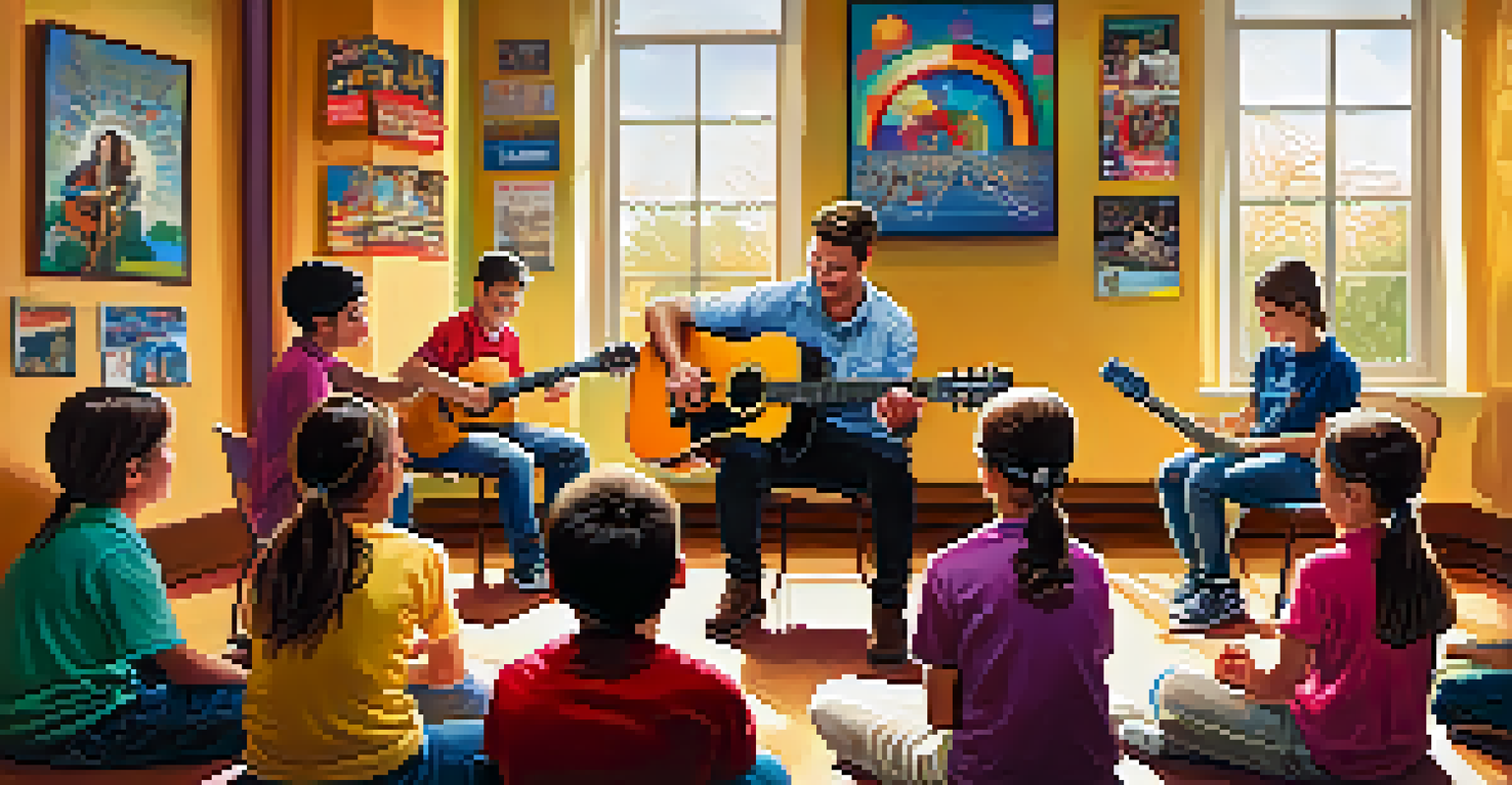 A guitar teacher showing a chord to students in a bright classroom filled with musical posters and sunlight.