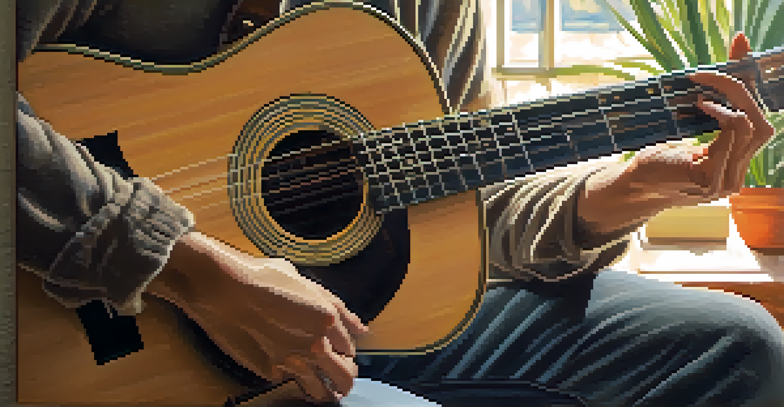 Close-up of a musician's hands strumming an acoustic guitar in a cozy room filled with plants and natural light.