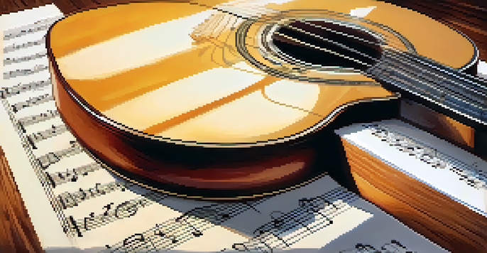 A wooden guitar placed on a sheet of music with a visible treble clef symbol, illuminated by warm sunlight from a window.