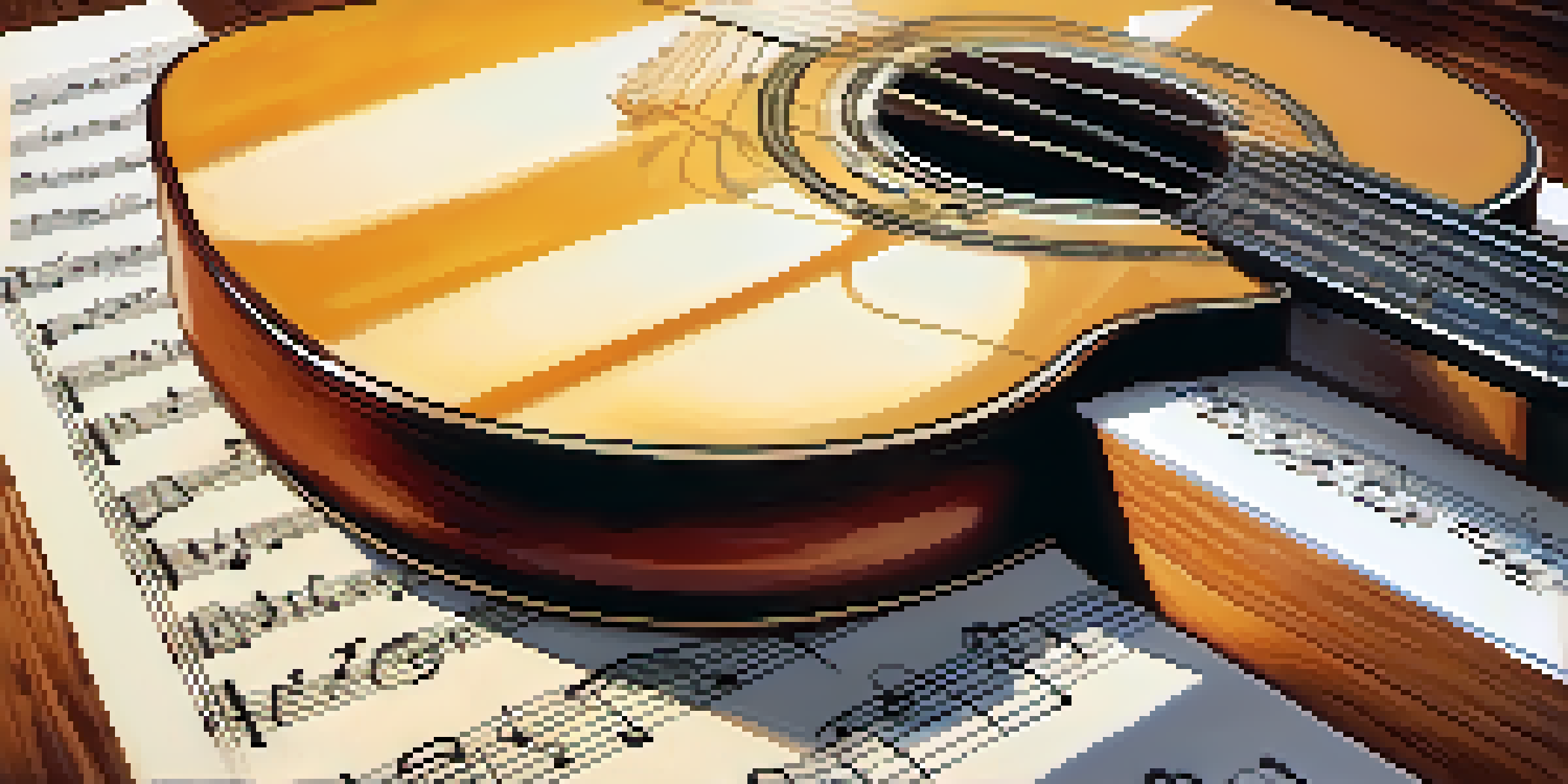 A wooden guitar placed on a sheet of music with a visible treble clef symbol, illuminated by warm sunlight from a window.