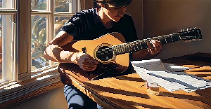 Close-up of a guitarist's hands playing an acoustic guitar in a sunlit room with warm light creating shadows.