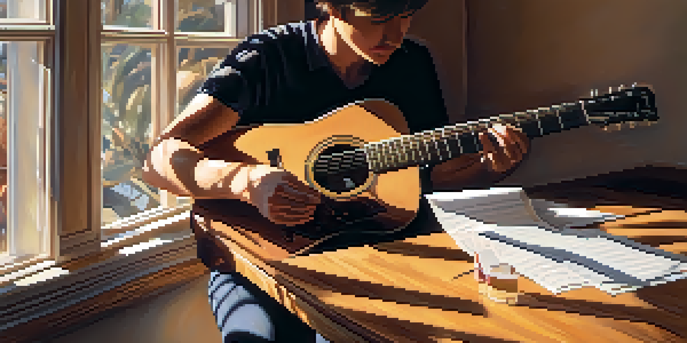 Close-up of a guitarist's hands playing an acoustic guitar in a sunlit room with warm light creating shadows.