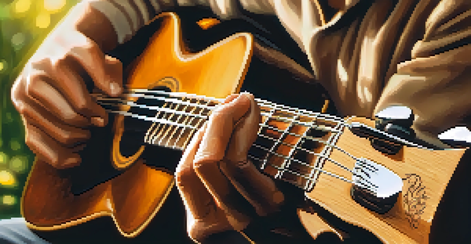 A close-up of a guitarist's hands playing an acoustic guitar in a sunlit outdoor setting.