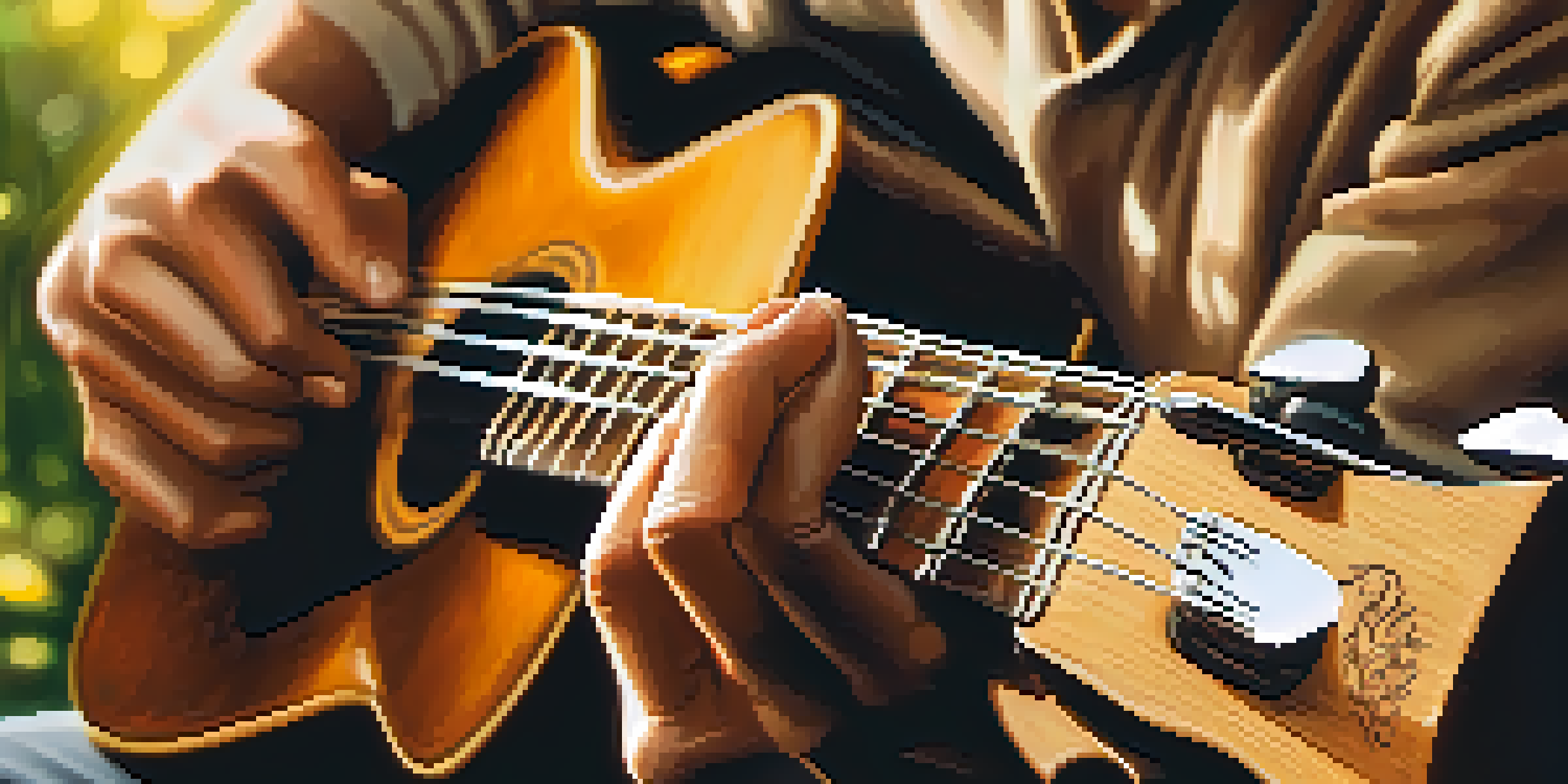 A close-up of a guitarist's hands playing an acoustic guitar in a sunlit outdoor setting.