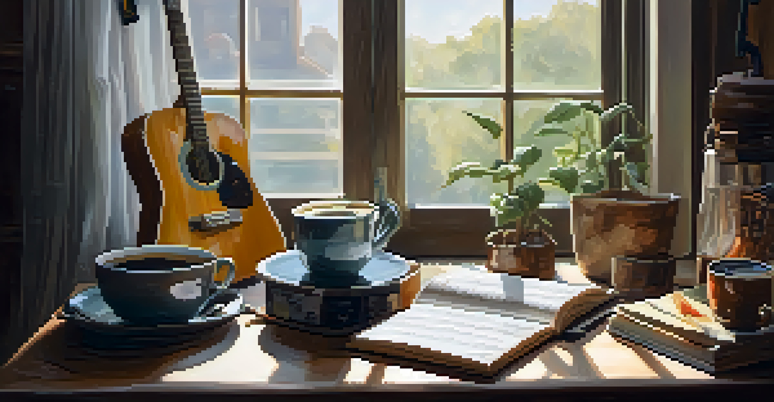 An artist's workspace with a guitar, a notebook of song lyrics, and a cup of coffee on a wooden table, lit by natural light.