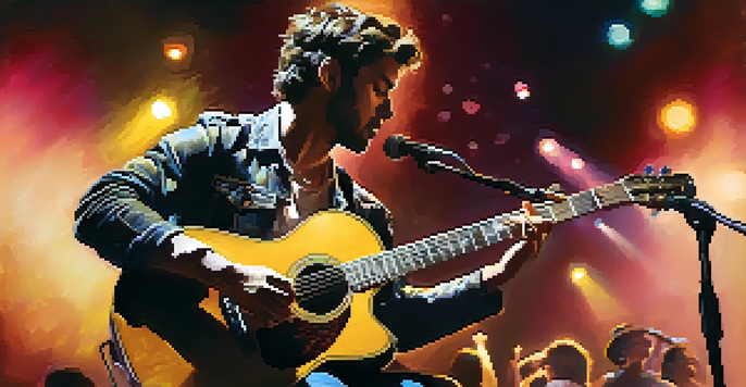 A guitarist performing live on stage with colorful spotlights, engaging an audience.