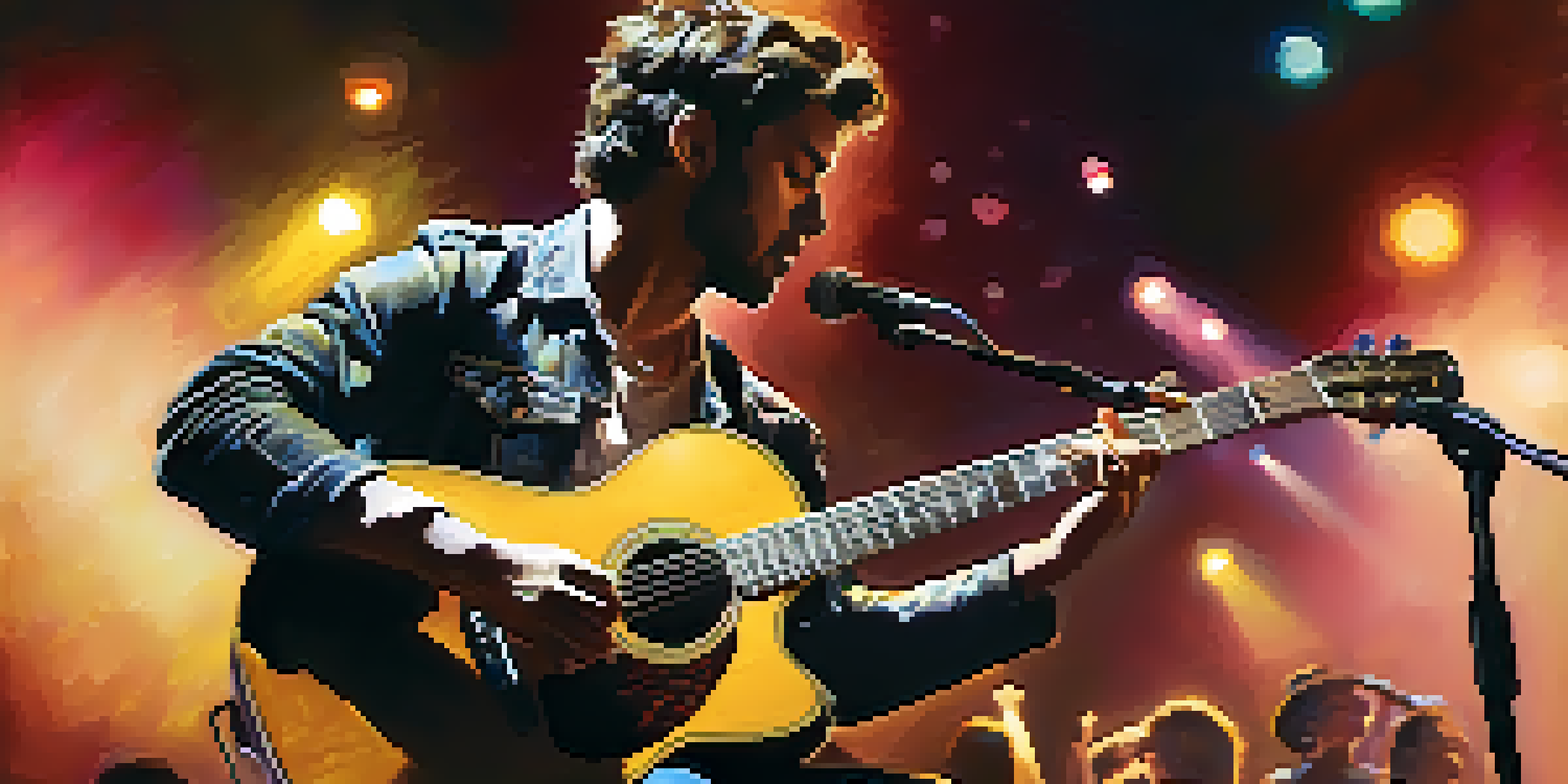 A guitarist performing live on stage with colorful spotlights, engaging an audience.