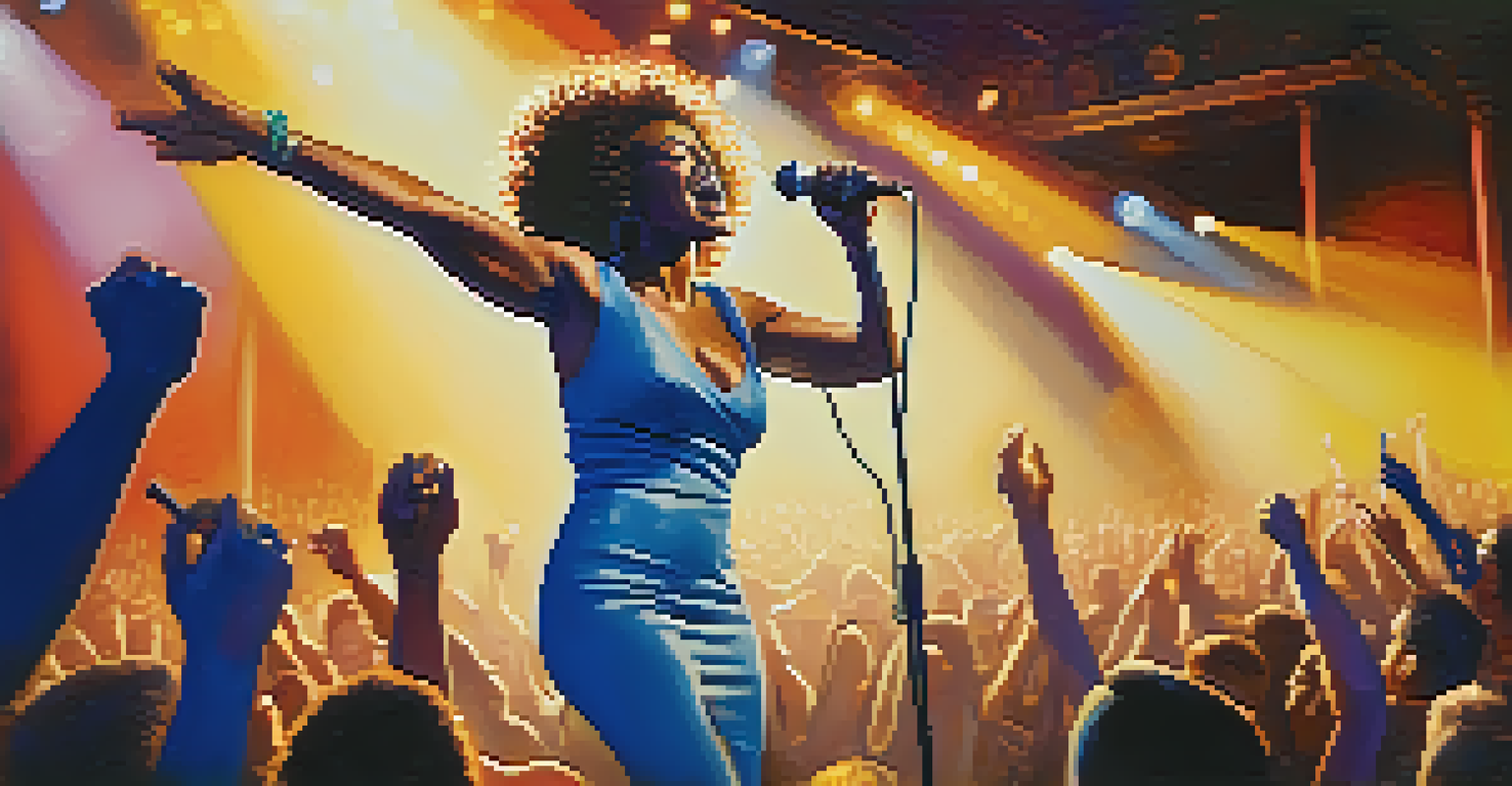 A blues singer performing on stage with a microphone, surrounded by an engaged crowd and colorful stage lights.