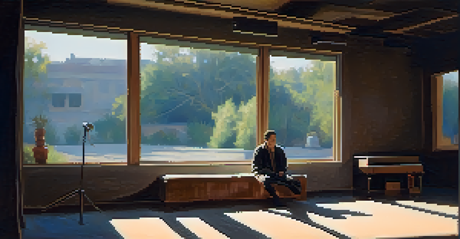 A middle-aged man sits cross-legged backstage, practicing deep breathing techniques with a calm expression, surrounded by musical instruments and soft natural light.