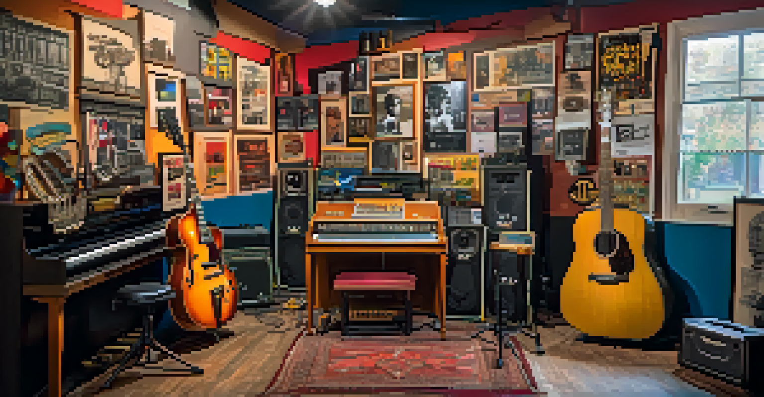 A colorful music studio filled with instruments, a vintage microphone, and posters of musicians.