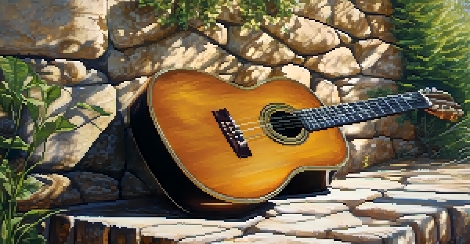 A close-up of a weathered guitar against a stone wall, symbolizing resilience with dappled sunlight in the background.