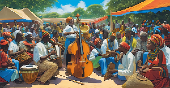An outdoor gathering filled with musicians playing traditional African instruments, surrounded by people dancing and celebrating in a lush green setting.