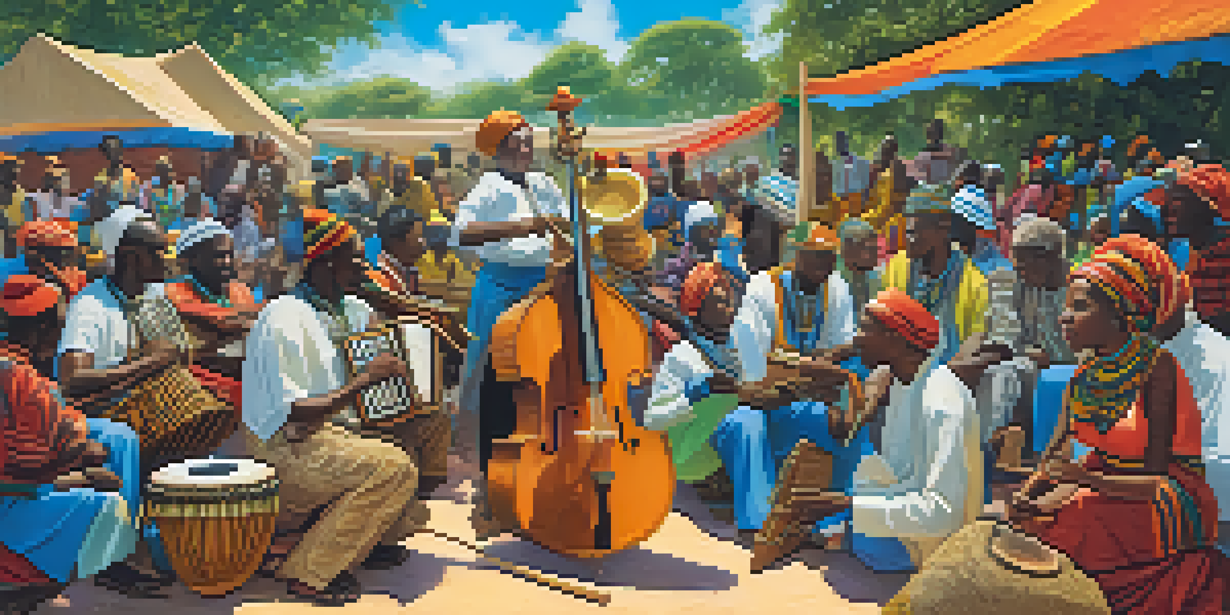 An outdoor gathering filled with musicians playing traditional African instruments, surrounded by people dancing and celebrating in a lush green setting.