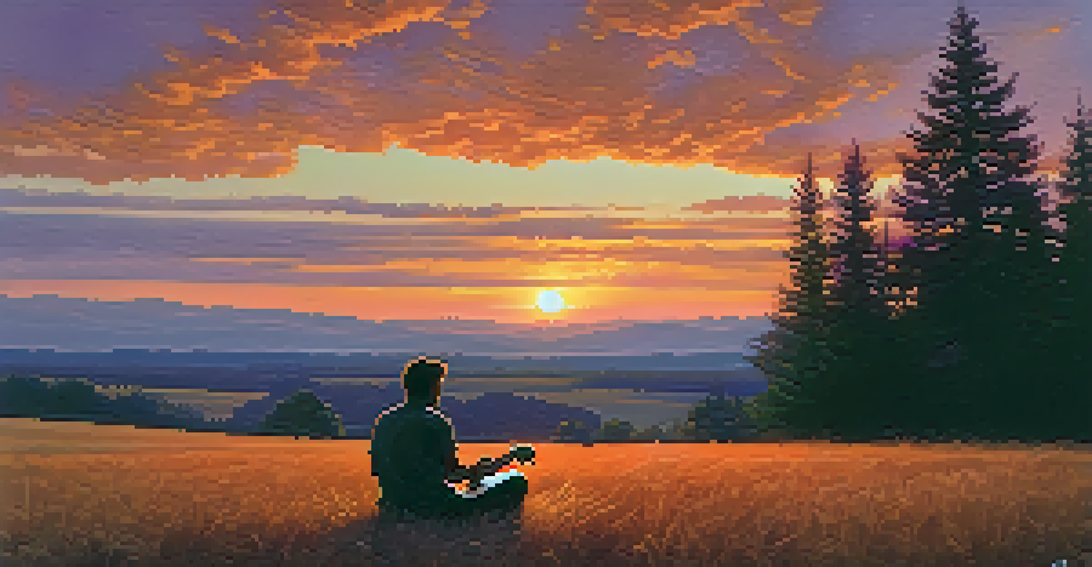A person playing a classical guitar in an open field at sunset, with a campfire nearby and a colorful sky.