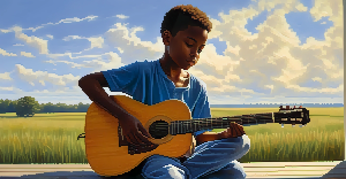 A young boy playing a homemade guitar on a porch in Mississippi, with green fields in the background and sunlight casting soft shadows.