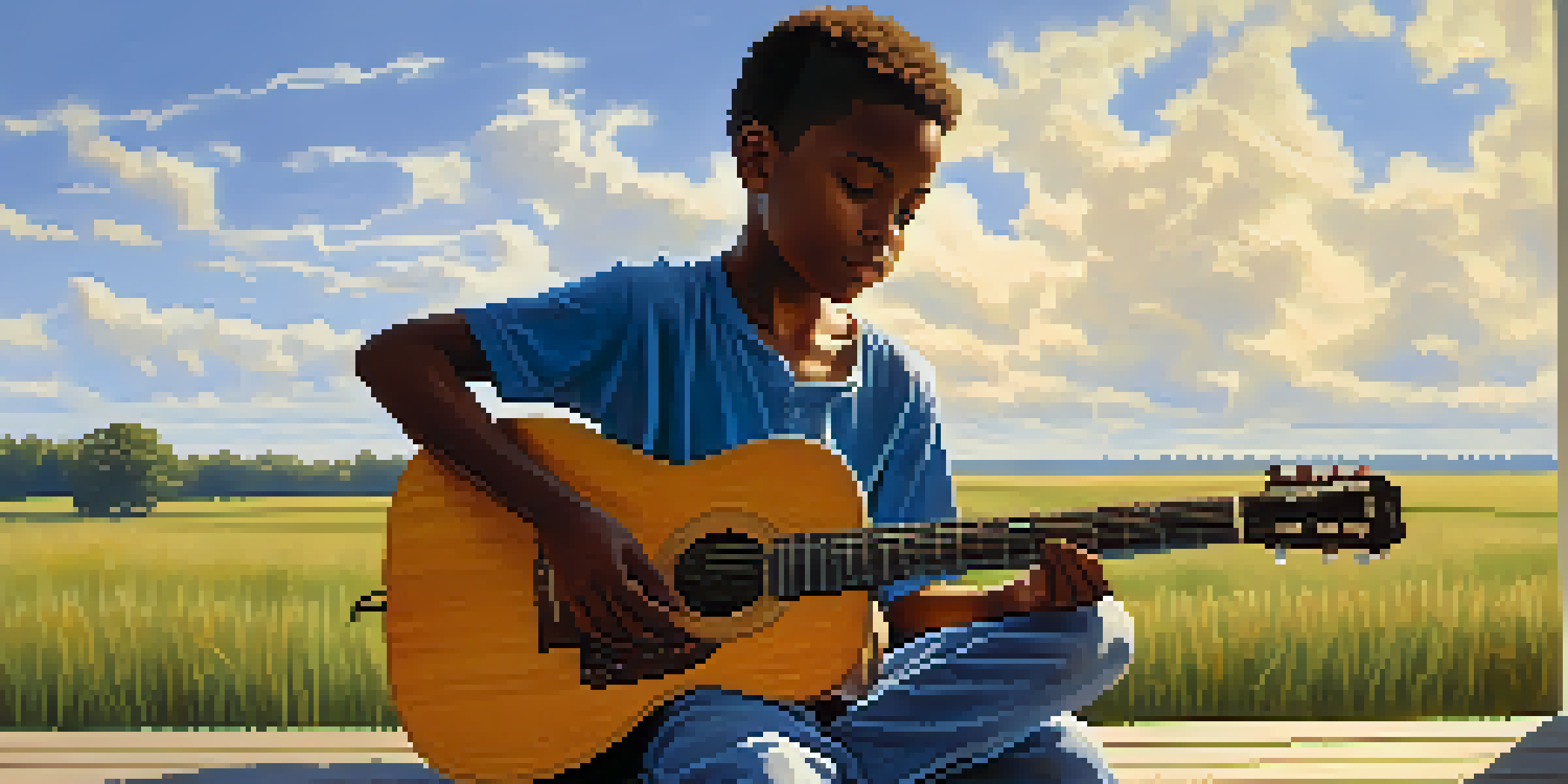 A young boy playing a homemade guitar on a porch in Mississippi, with green fields in the background and sunlight casting soft shadows.
