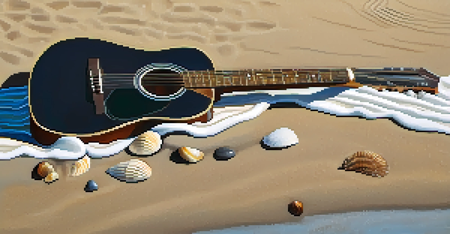 A wooden guitar lying on the sandy beach with seashells and ocean waves in the background.