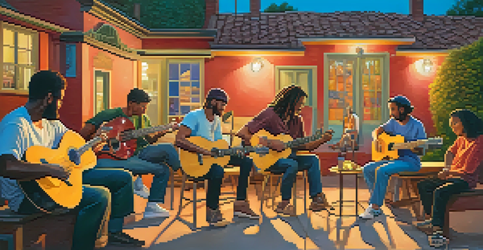 A diverse group of guitarists collaborating in a virtual environment, with colorful backgrounds and warm lighting, representing different cultures.