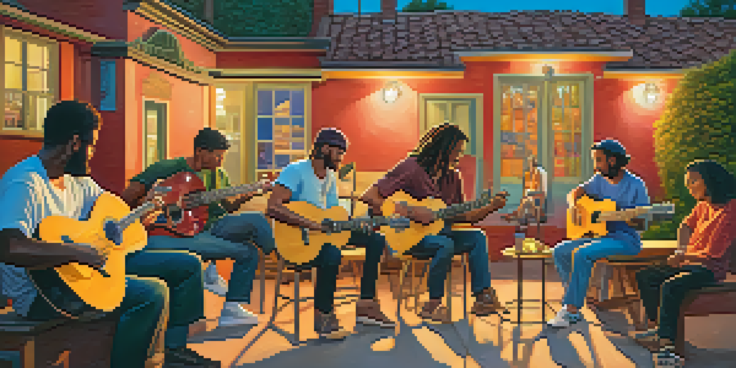 A diverse group of guitarists collaborating in a virtual environment, with colorful backgrounds and warm lighting, representing different cultures.