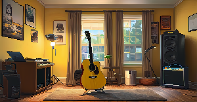 A musician in a cozy home studio setting, playing guitar with a laptop showing a jamming app and a coffee mug on the table.