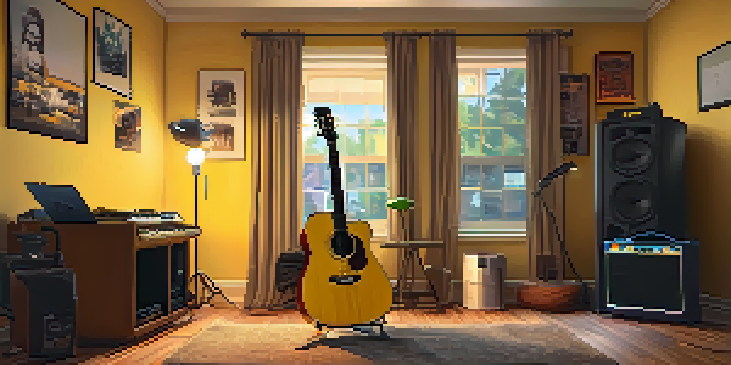 A musician in a cozy home studio setting, playing guitar with a laptop showing a jamming app and a coffee mug on the table.