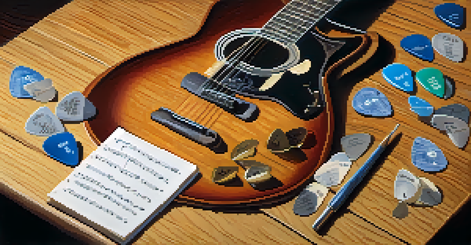 A collection of guitar picks and a metronome on a wooden table with a notebook showing blues scale notations.