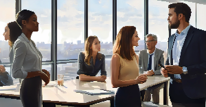A confident woman in a business environment, engaging with a diverse group of colleagues, demonstrating effective body language.