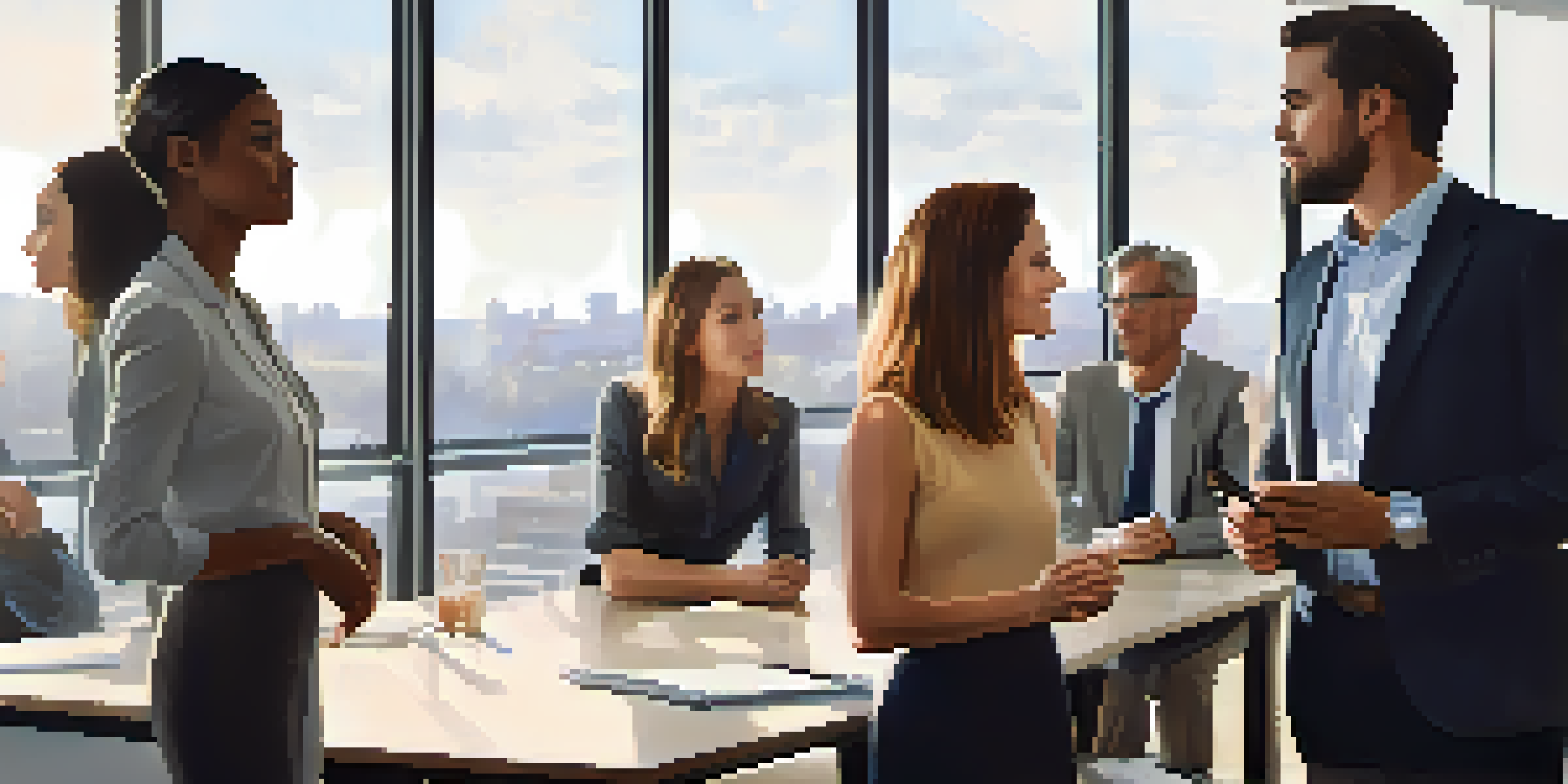 A confident woman in a business environment, engaging with a diverse group of colleagues, demonstrating effective body language.