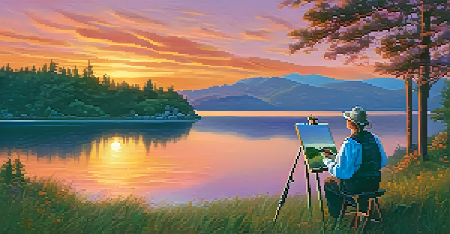 A visual artist painting a sunset landscape with vibrant colors reflected in the lake.