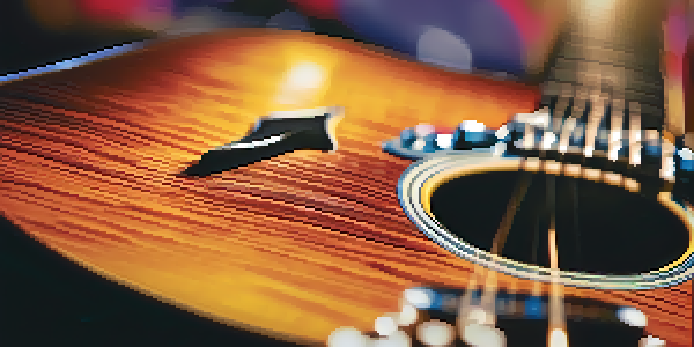 A close-up of a guitar with visible wood grain and shiny strings, set against a blurred background of a colorful rock concert.