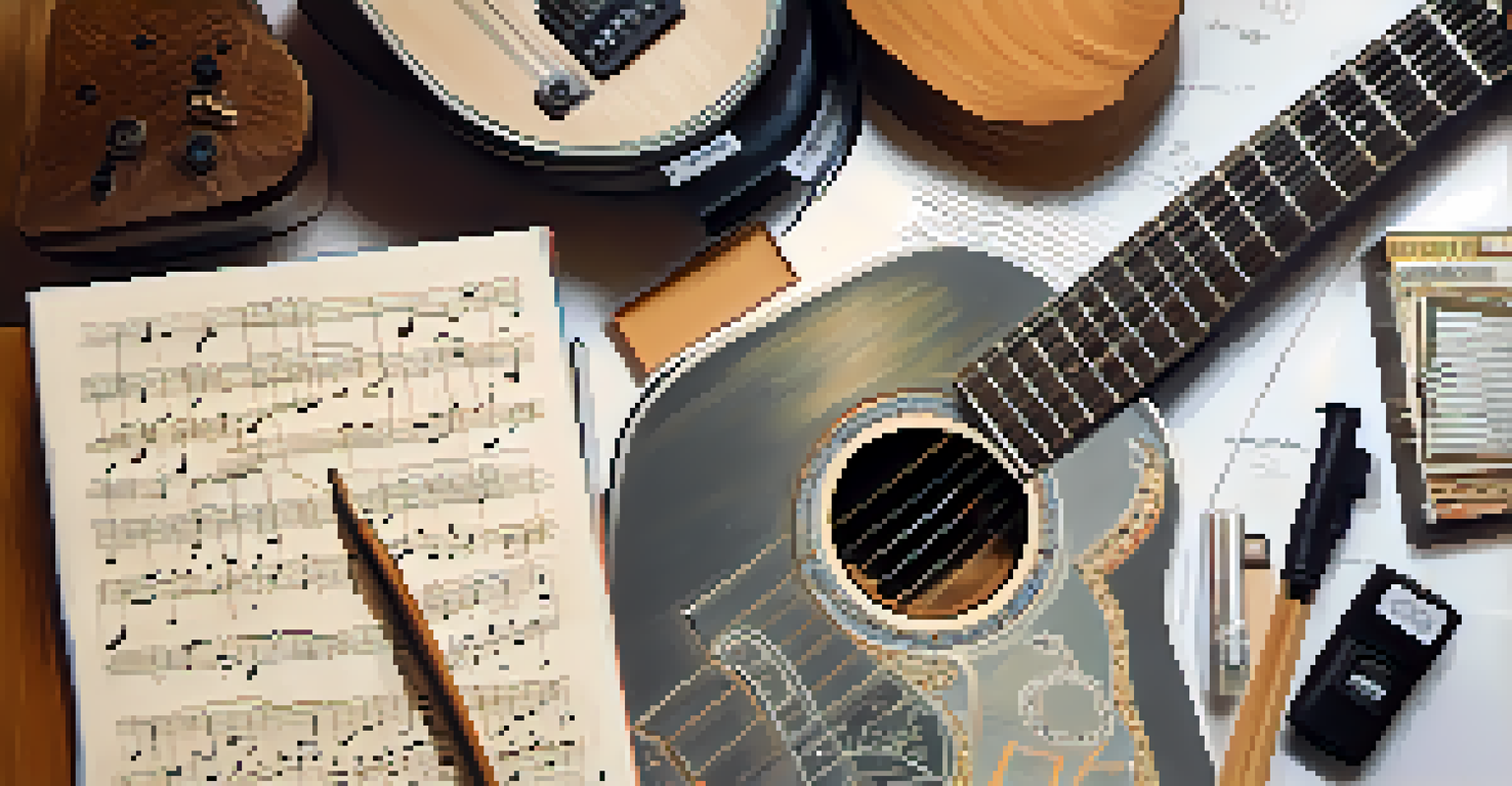 An overhead view of a polished guitar with a notepad showing strumming patterns and doodles beside it.