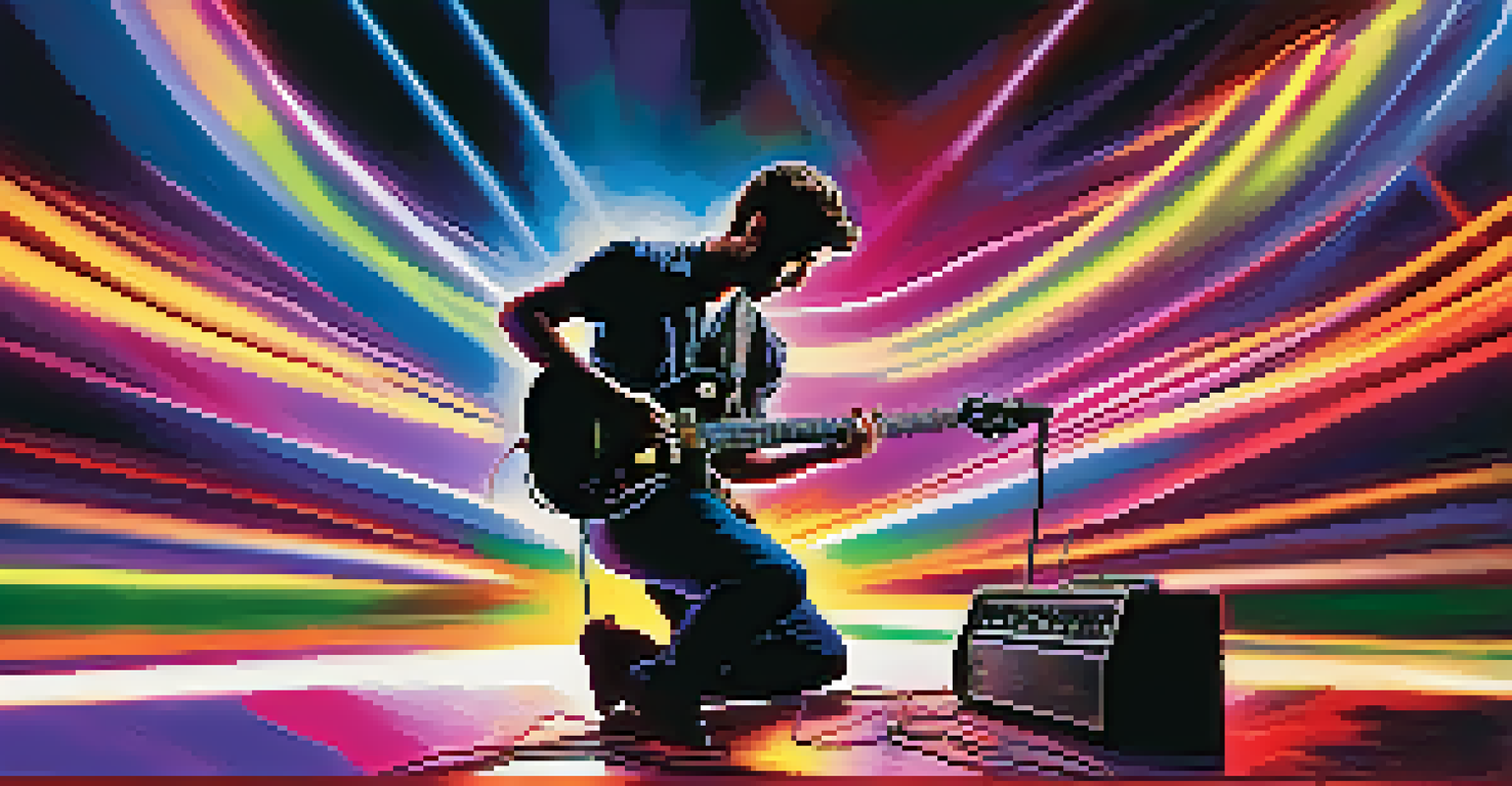 A guitarist performing on stage with colorful lights, focused on a reverb pedal, with visual sound waves illustrating the music effect.