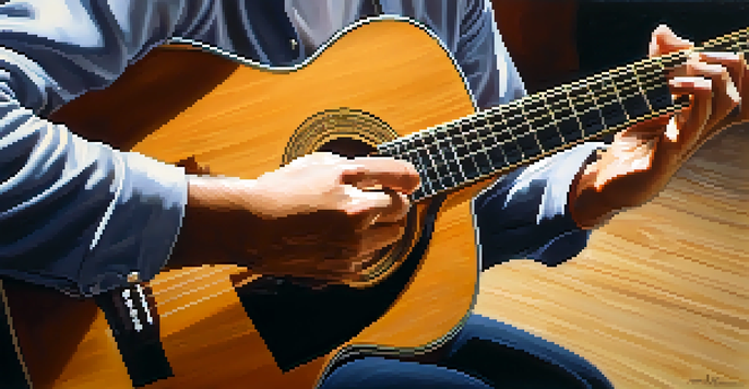 A close-up view of a guitarist's hands fingerpicking a classical acoustic guitar, illuminated by warm light.