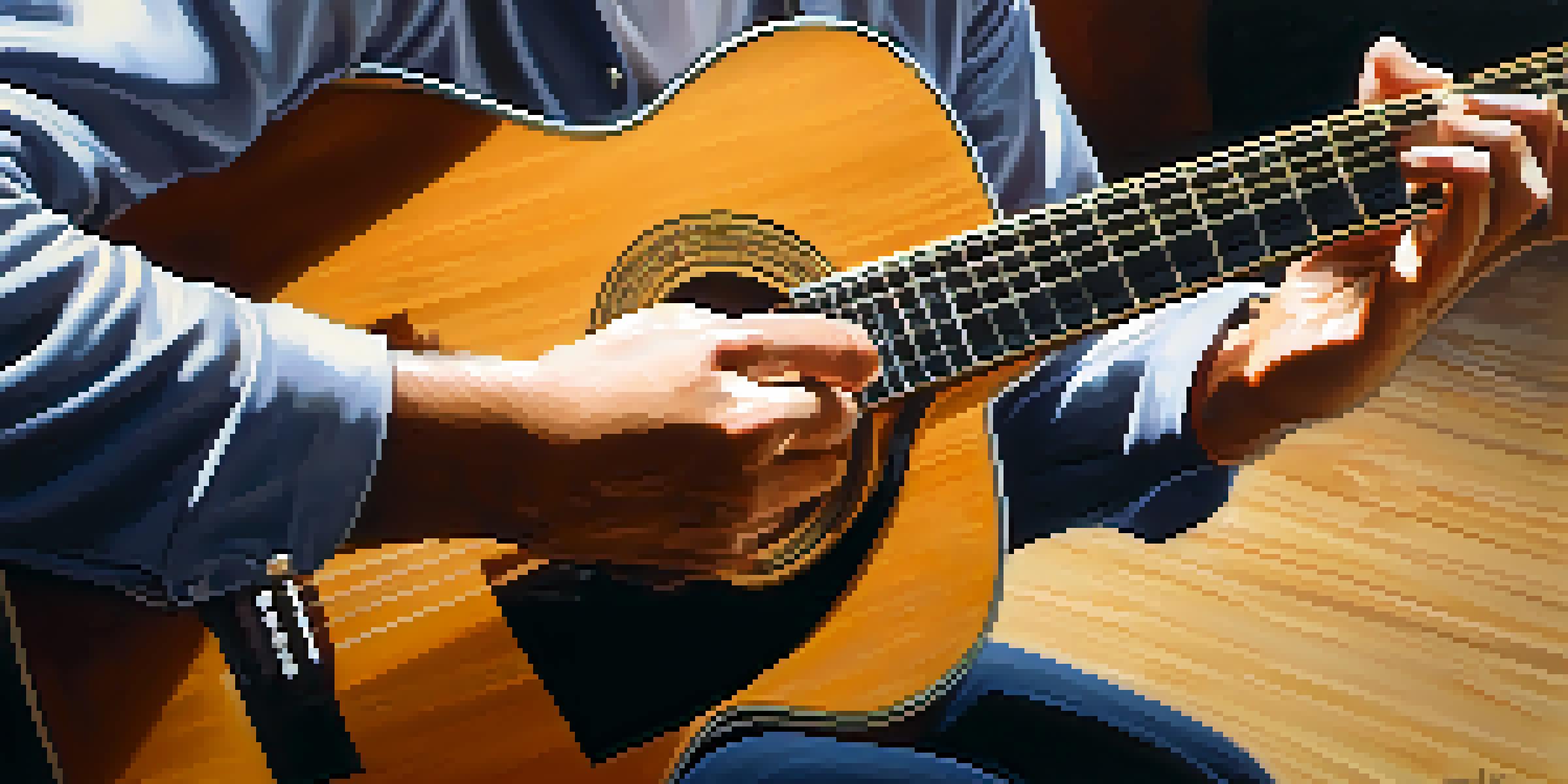 A close-up view of a guitarist's hands fingerpicking a classical acoustic guitar, illuminated by warm light.