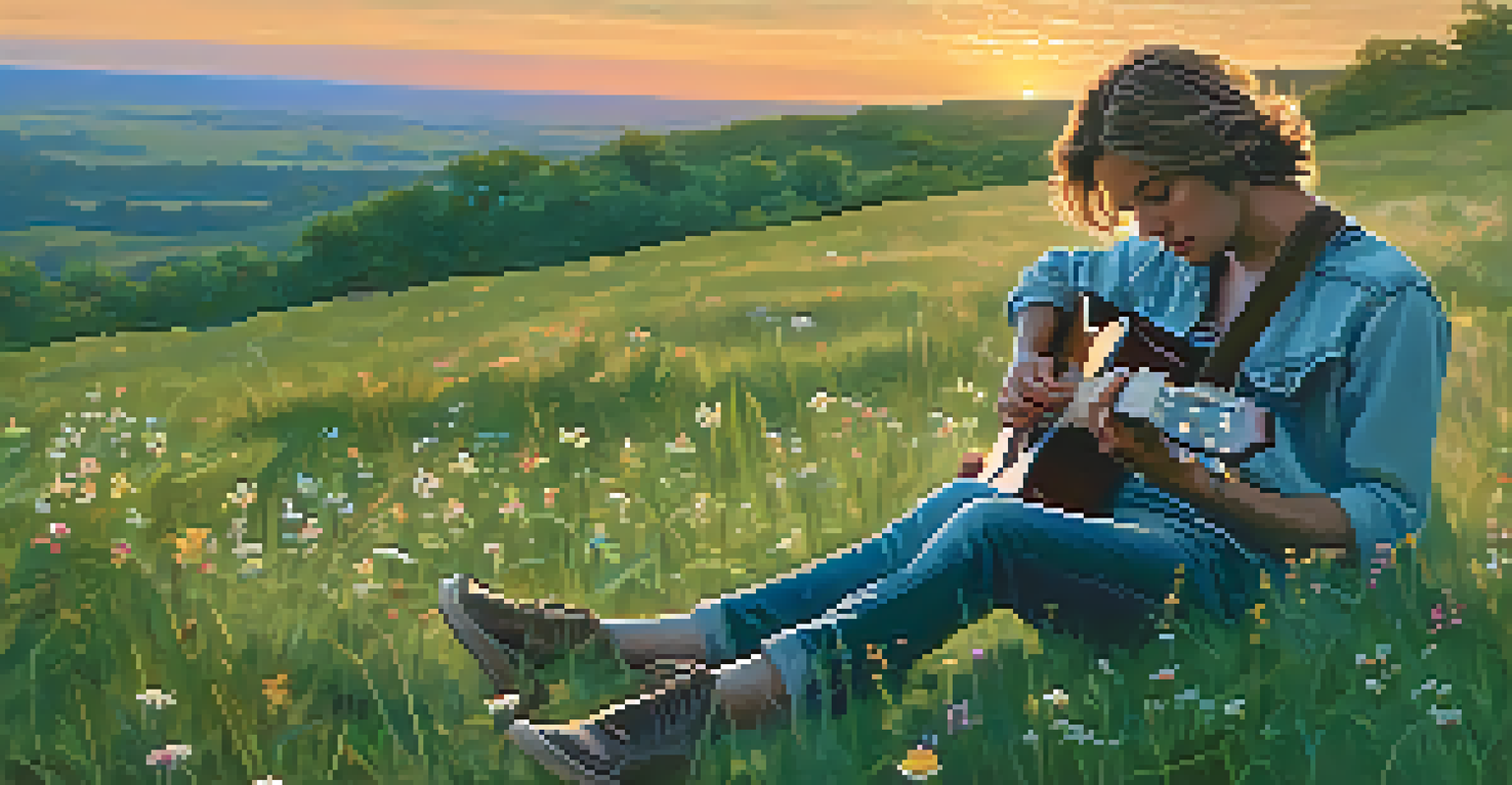 A musician sitting on a grassy hill with a guitar and a notebook at sunset, surrounded by wildflowers.
