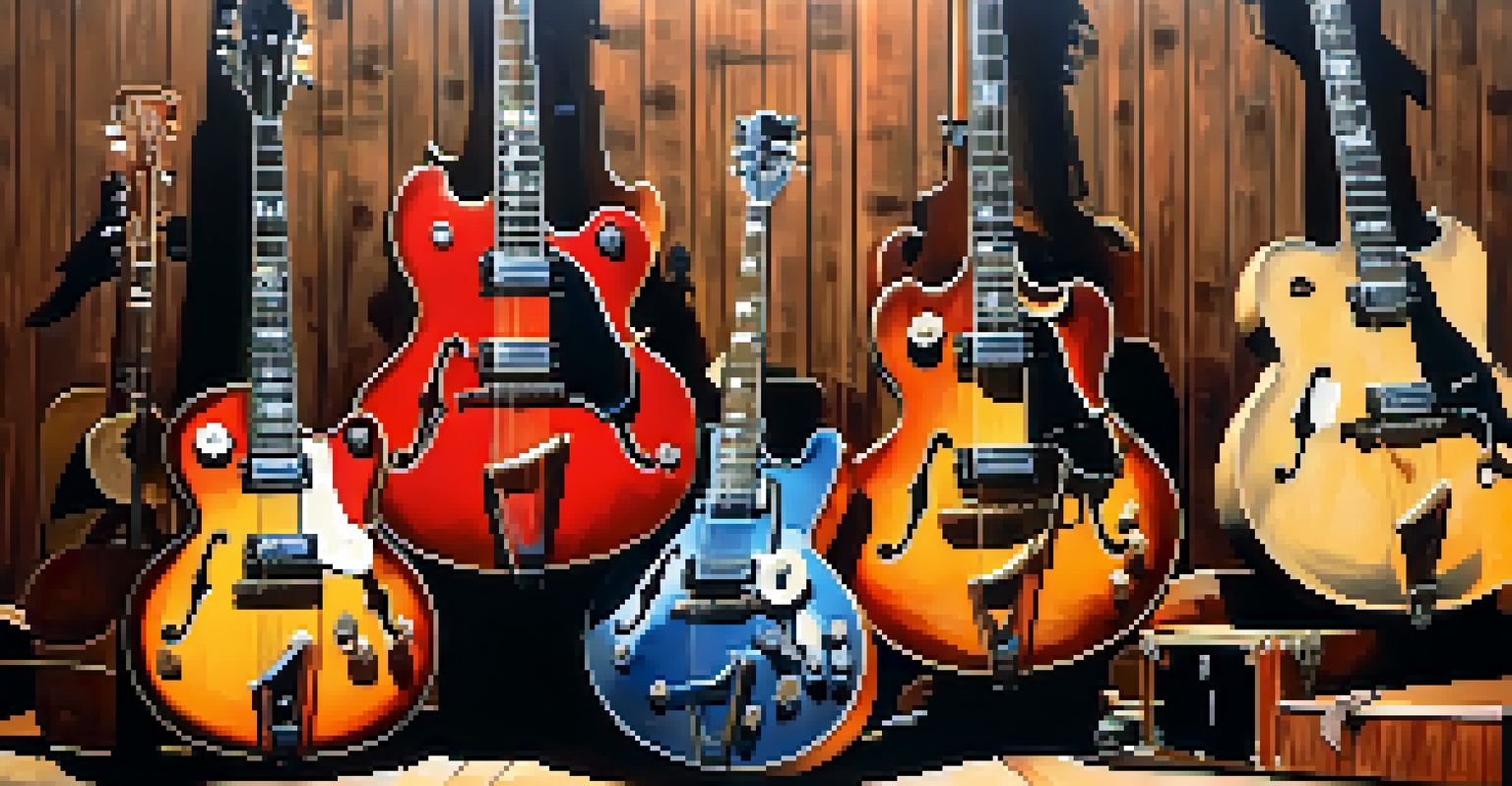 An array of guitars representing different jazz styles on a wooden stage with musical notes and a microphone in the background.