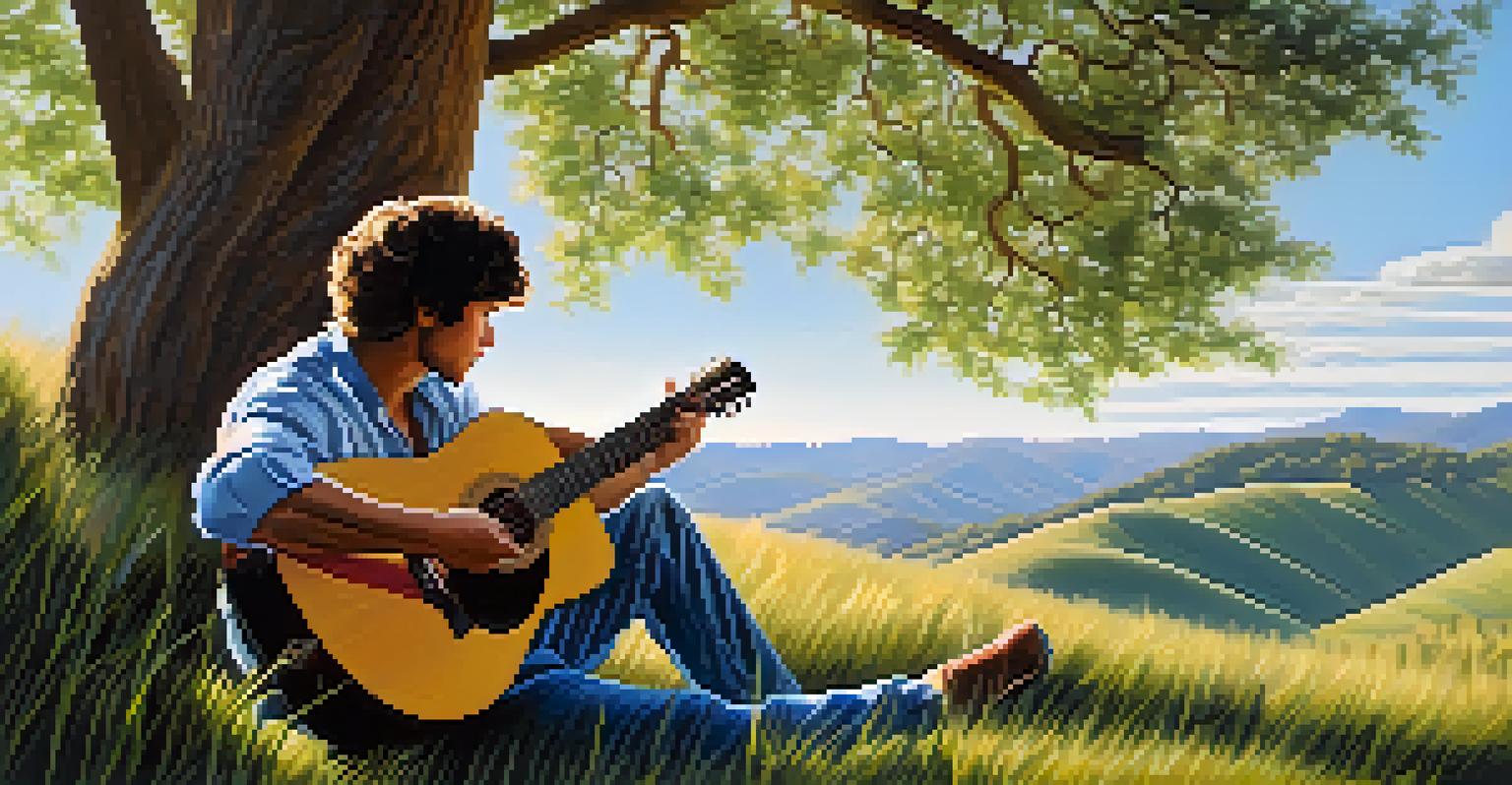 Musician sitting on a hill playing an acoustic guitar with a capo, surrounded by a serene outdoor landscape.