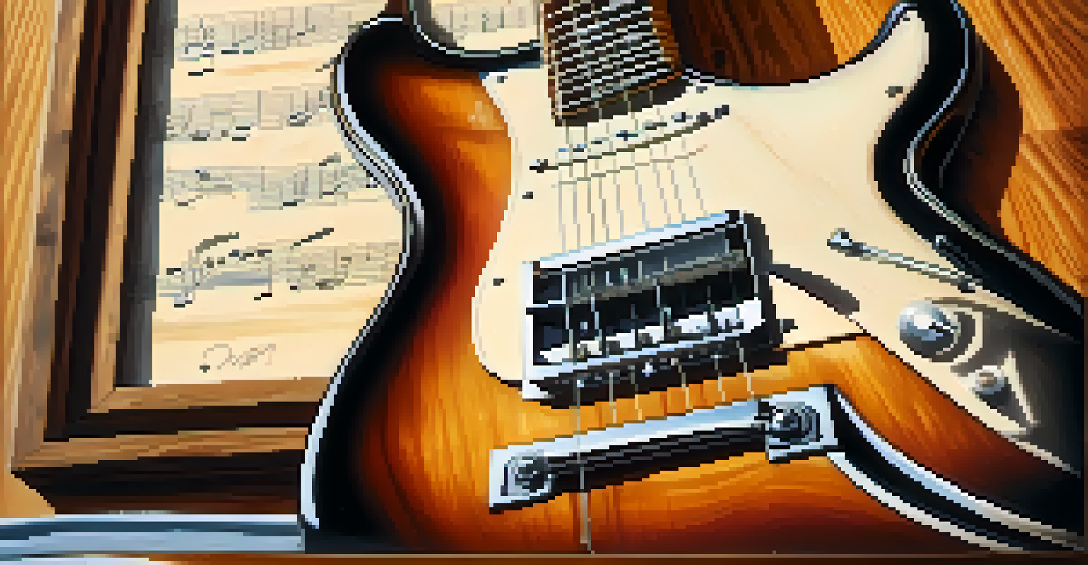 A close-up of an electric guitar on a wooden table, illuminated by sunlight, with music sheets and an amplifier in the background.