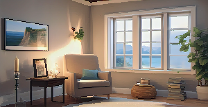 A tranquil indoor meditation space with soft lighting, a guitar, and scented candles, creating a peaceful atmosphere.
