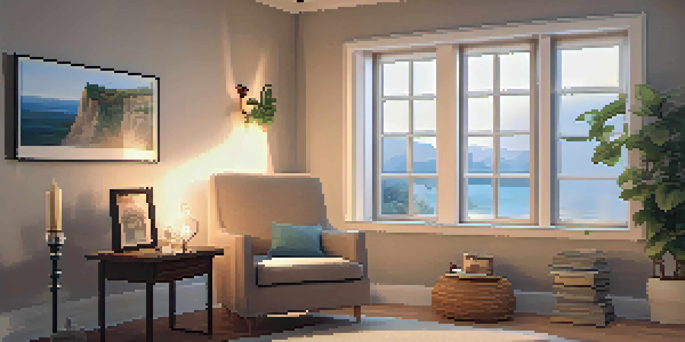 A tranquil indoor meditation space with soft lighting, a guitar, and scented candles, creating a peaceful atmosphere.