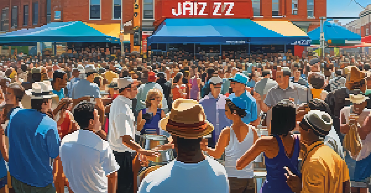 Musicians performing on an outdoor stage at the Toronto Jazz Festival, with a diverse crowd enjoying the vibrant atmosphere and street vendors in the background.