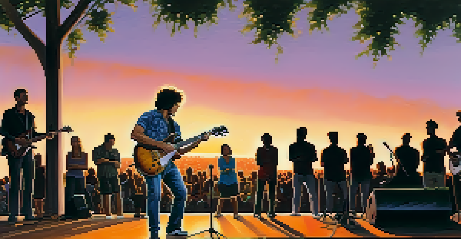 A guitarist confidently playing on stage at sunset, with an audience enjoying the performance, surrounded by warm orange light.