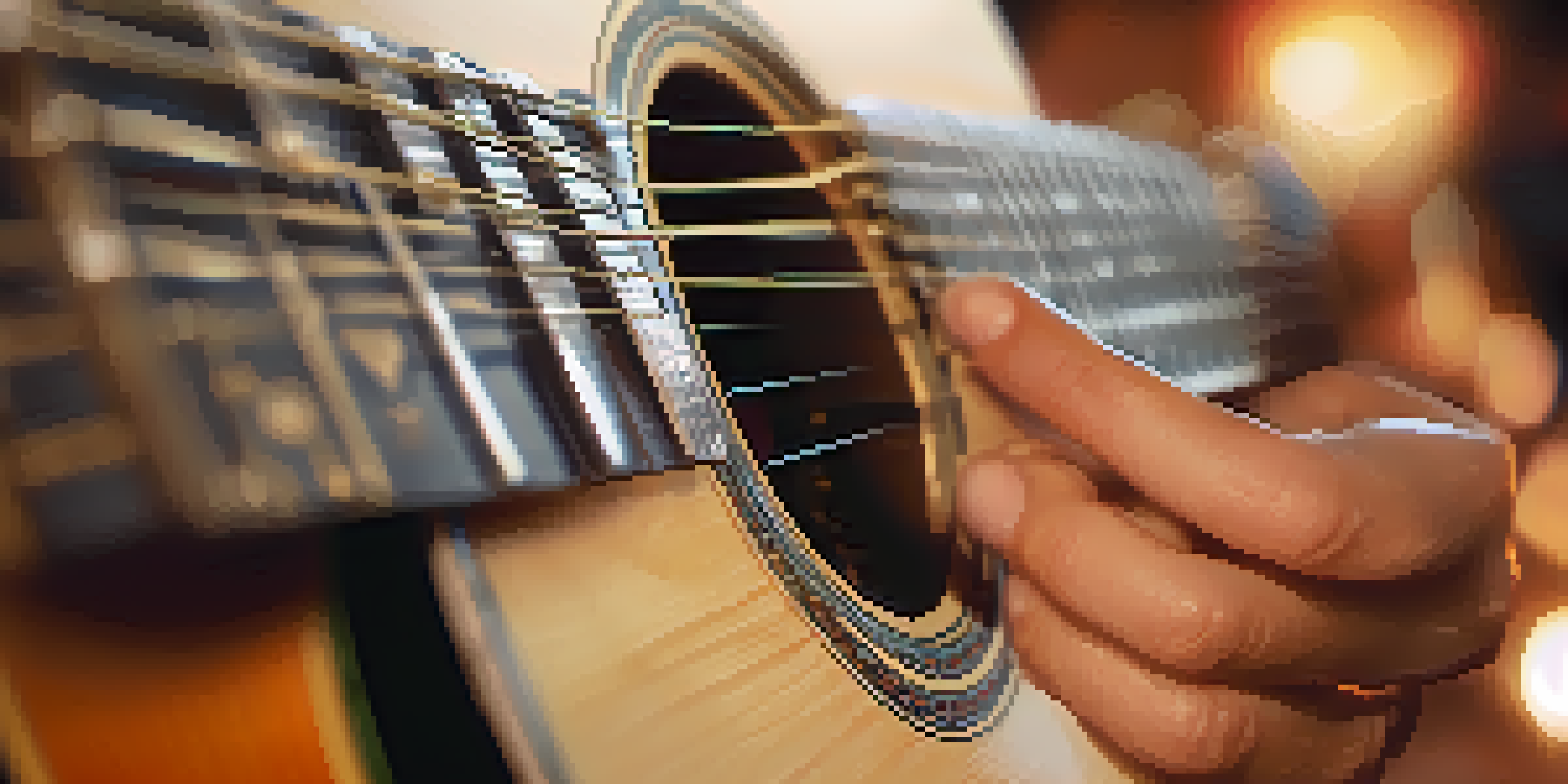 A musician's hands strumming a guitar, highlighting finger placements and vibrant strings against a soft, warm bokeh background.
