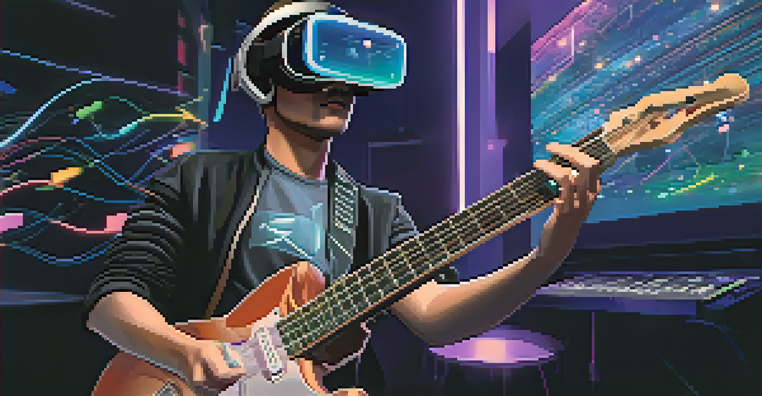 A person in virtual reality gear engaged in a guitar lesson, surrounded by digital music elements and holographic displays.